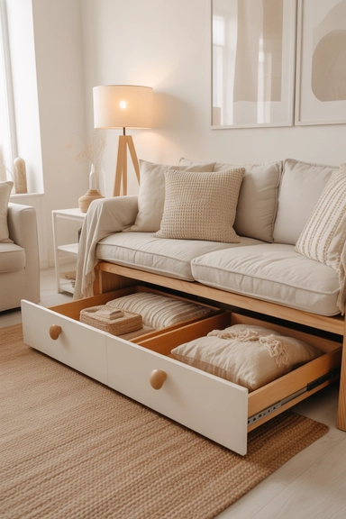 Use Hidden Storage Beneath Linen Sofas