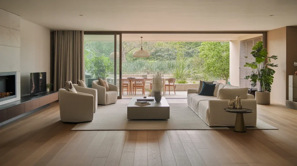 Seamless indoor-outdoor flow with sliding glass doors and potted plants linking interior and patio