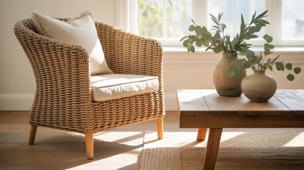 Woven rattan chair, reclaimed wood coffee table, and stoneware vases layered in rustic farmhouse living room ideas.