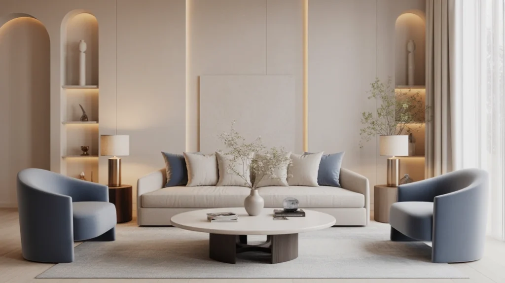 Elegant color palette with soft blue and neutral furniture creating a serene modern luxury living room