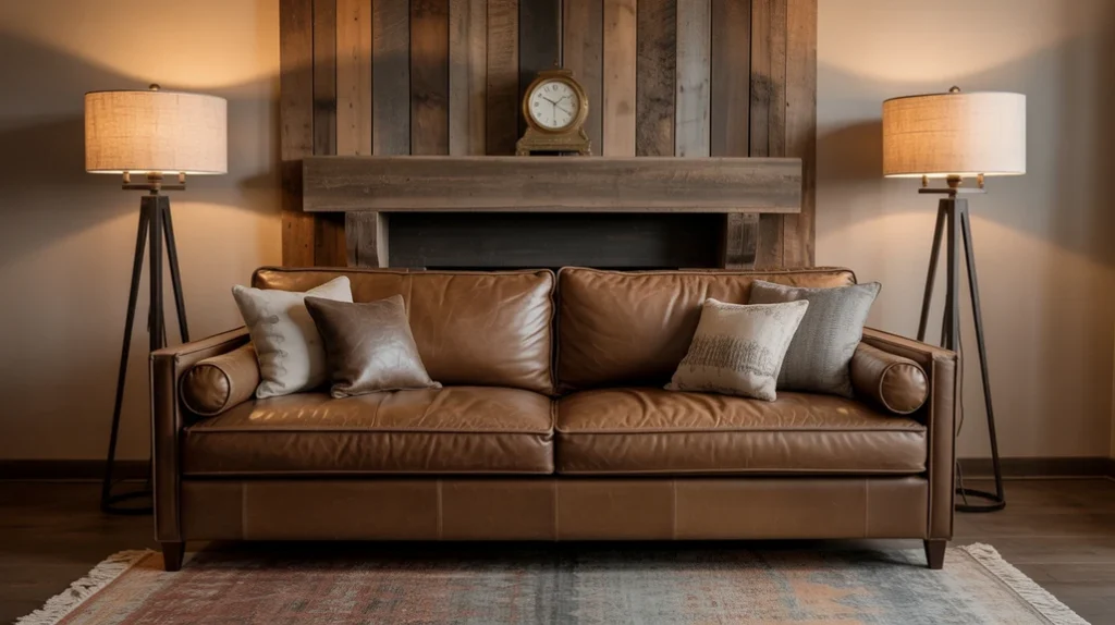 Brown leather sofa with weathered wood paneling and black metal lamps for farmhouse elegance.