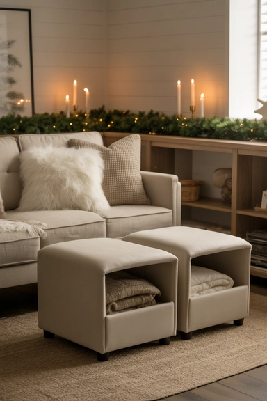Stylish Ottoman Storage for a Cozy Christmas Living Room