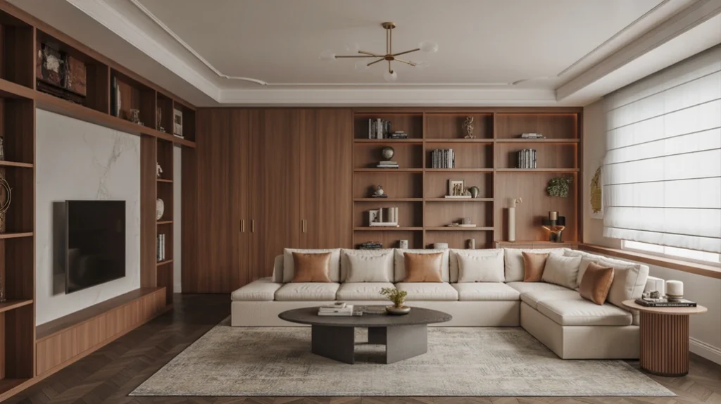 Customized furniture solutions with built-in shelving and bespoke sectional for a tailored modern luxury space
