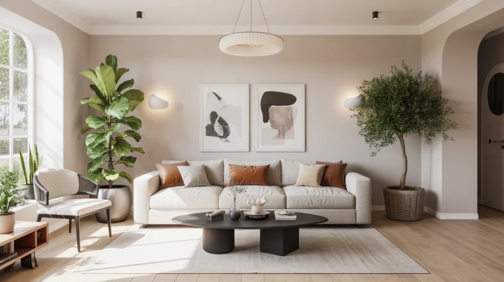 Greenery and sculptural plants like fiddle-leaf figs and olive trees refreshing a luxury living room
