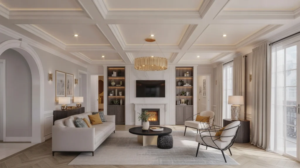 Luxury ceilings with recessed LED strip lighting and subtle crown molding for architectural interest