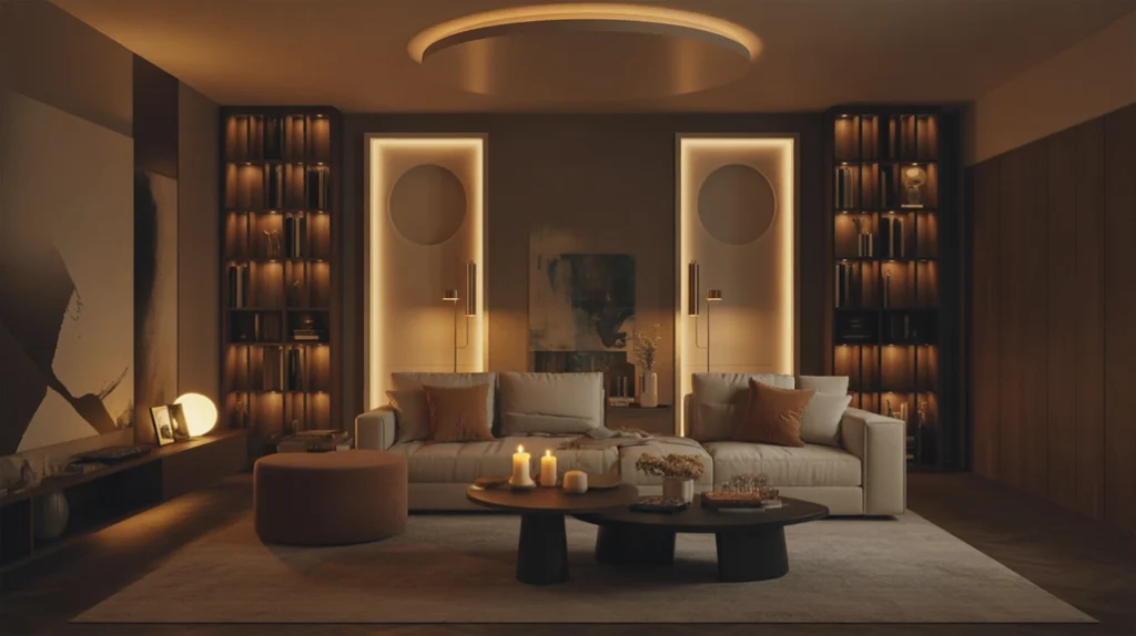 Scent and sound ambiance with hidden speakers and scented candles for a complete luxury living room experience
