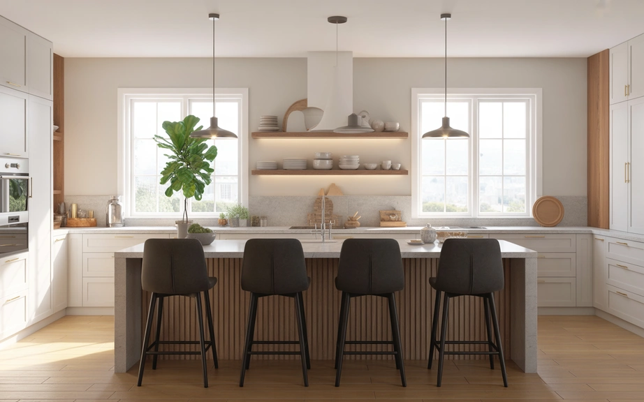 Bright modern kitchen interior, white cabinets with wood accents, large island with bar stools,