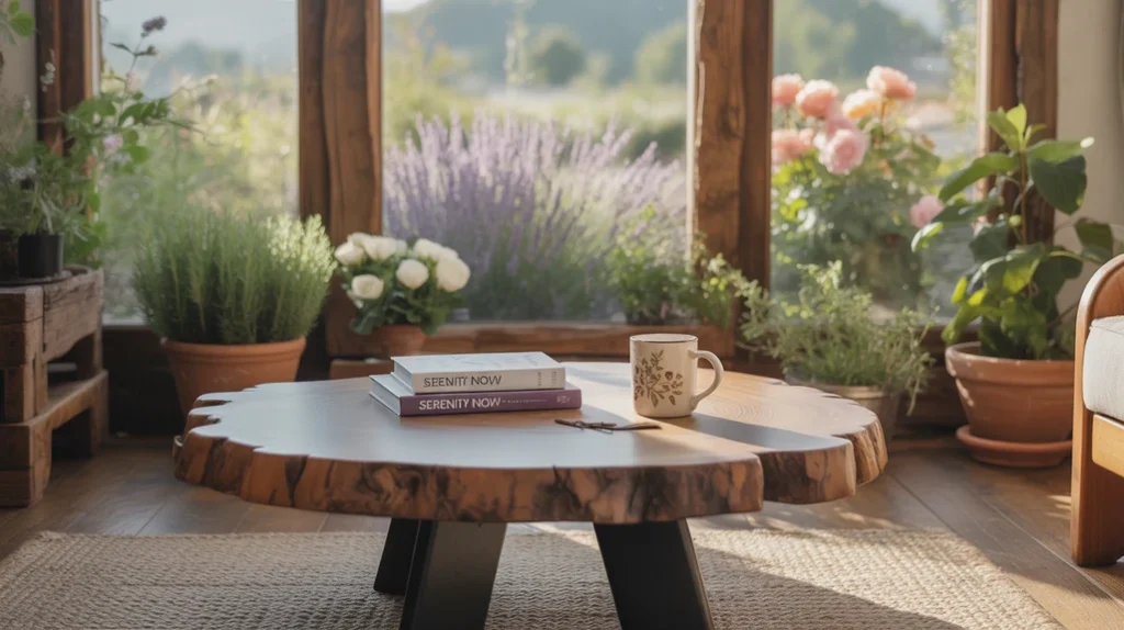Large windows and wooden beams creating a farmhouse living room that blends with nature.