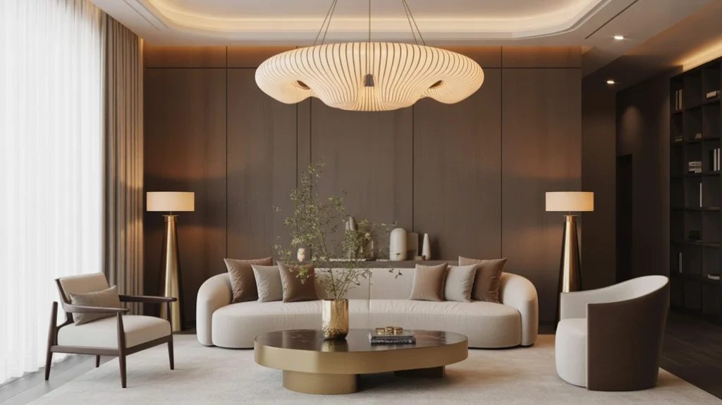 Statement lighting with a sculptural chandelier and warm layered lamps for modern luxury living room decor