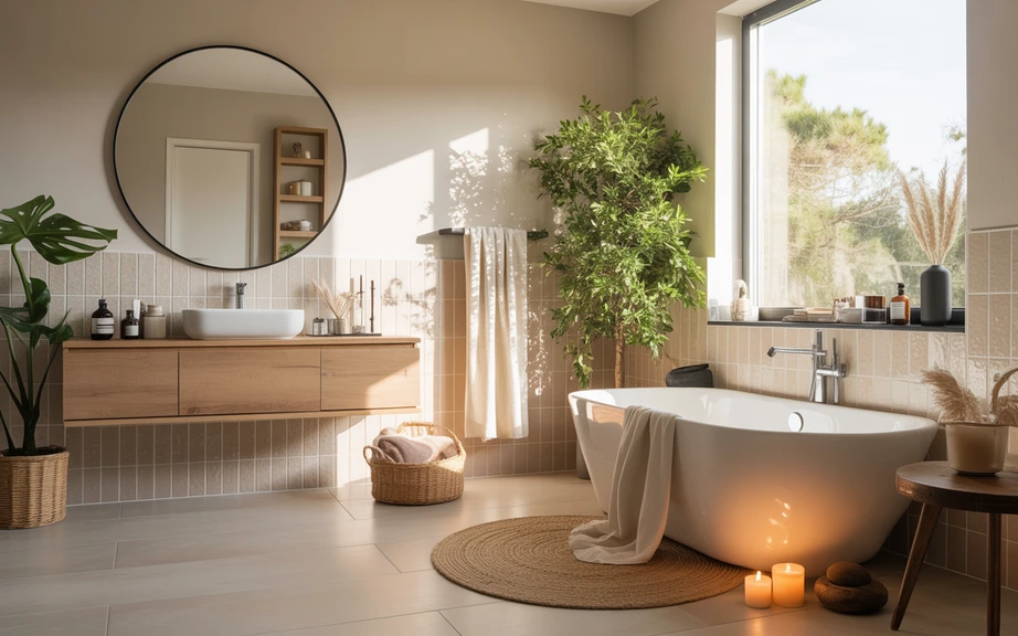 Stylish modern bathroom interior, neutral tones with light tiles, freestanding bathtub near a window, round mirror above wooden vanity, rug on the floor