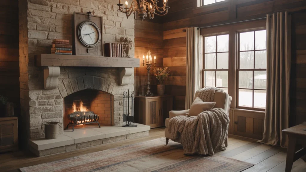 Stone fireplace with reclaimed wood mantel and wrought-iron chandelier in a rustic farmhouse space.