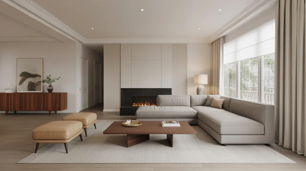 Sleek minimalist furniture with low-profile sectional and glass coffee table for a spacious living room