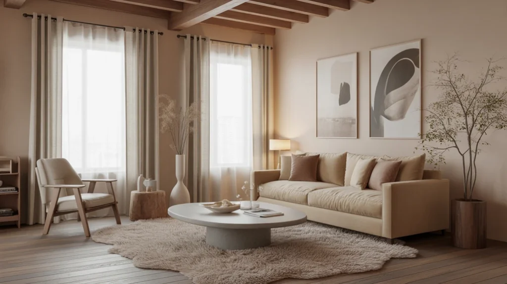 Layered textures like velvet cushions, chunky wool rug, and linen curtains adding depth and warmth