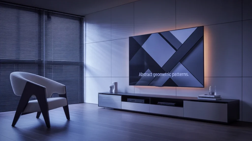 Smart home features including wall-mounted smart TV, hidden speakers, and app-controlled lighting in a luxury living room