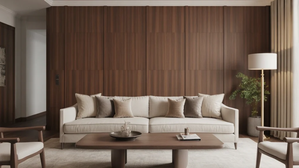 Rich wood finishes with walnut paneling and oak coffee table creating a warm modern luxury living room