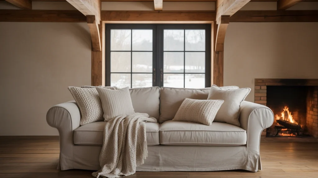 Living room with exposed wooden ceiling beams and a brick fireplace for rustic charm.