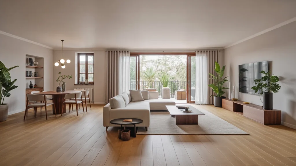 Open concept layout connecting living and dining areas with light wood floors and airy natural light