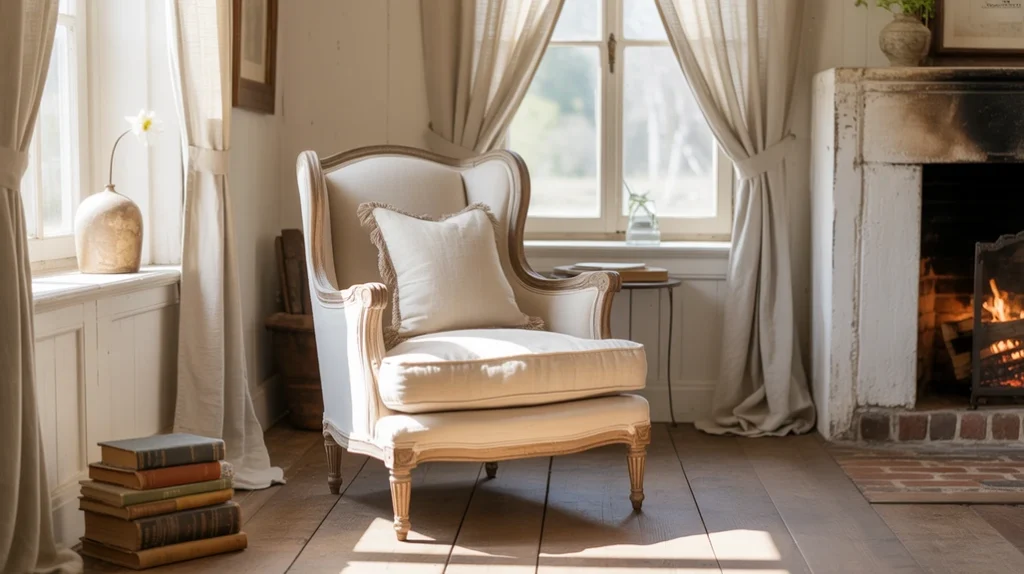 Sunlit farmhouse living room with linen curtains, soft white walls, and wood floors.