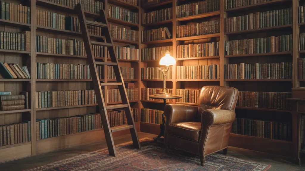 Wooden bookshelf and leather chair in a cozy farmhouse library corner.