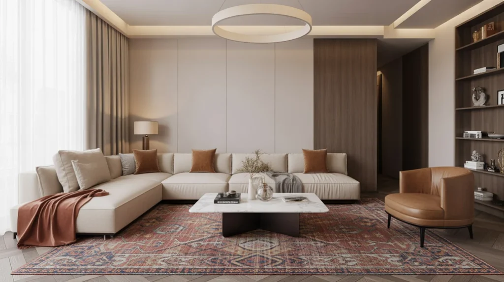 Sophisticated area rug with muted patterns anchoring modern furniture in a chic luxury living room
