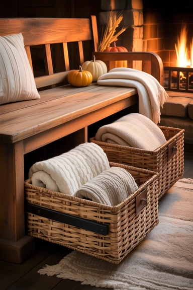 Add Bench Storage with Woven Basket Drawers for Rustic Flair