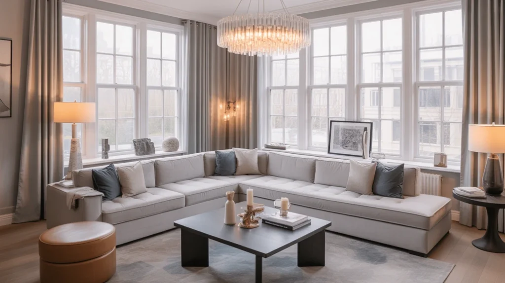 Modern luxury living room decor ideas with sleek sectional sofa, statement chandelier, and elegant layered textures