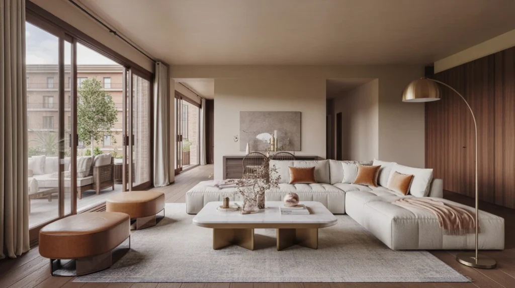 Modern luxury living room decor ideas with plush sectional sofa, marble coffee table, and floor-to-ceiling windows in warm natural light
