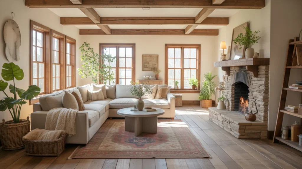 Rustic farmhouse living room ideas with stone fireplace, exposed wood beams, and cozy neutral furniture.