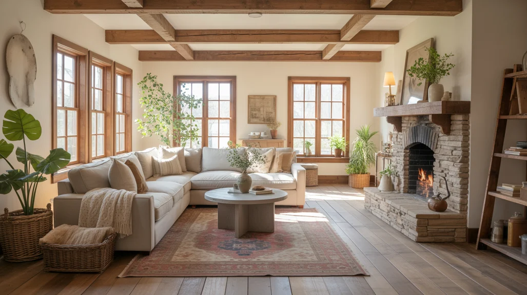 Rustic farmhouse living room ideas with stone fireplace, exposed wood beams, and cozy neutral furniture.