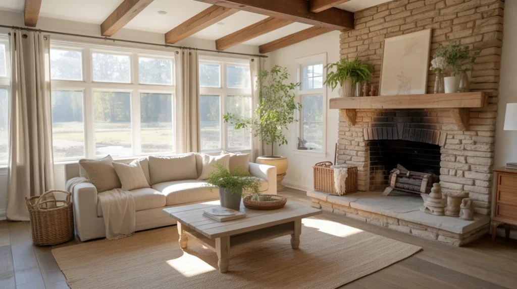 farmhouse living room ideas with natural wood beams, stone fireplace, and cozy neutral decor.