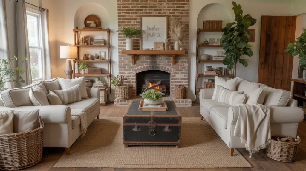 Why rustic farmhouse style works with natural wood, brick fireplace, and vintage decor for a warm, timeless living room.