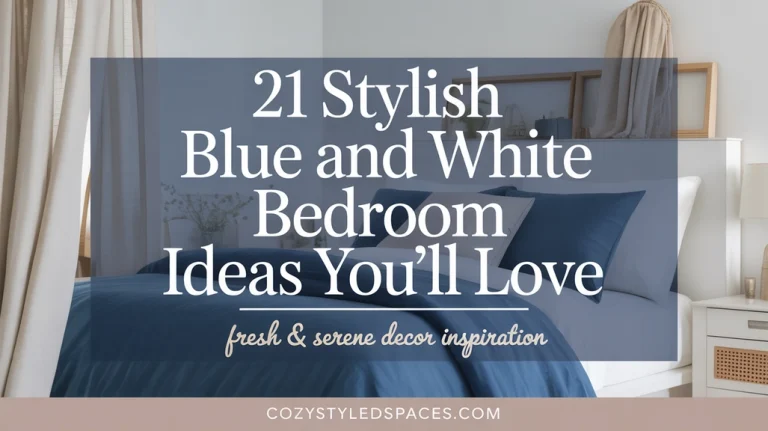 : Elegant blue and white bedroom with layered bedding, light wood decor, and cozy coastal charm.