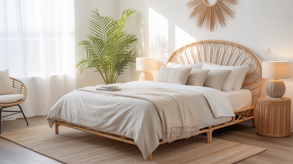 Cozy boho coastal bedroom featuring rattan bed frame, linen bedding, and sea-inspired decor — airy, relaxed coastal interior design.