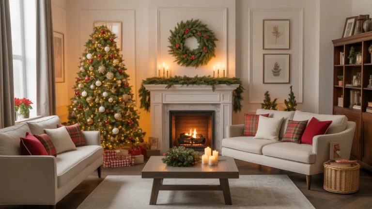 Christmas living room ideas with fireplace, glowing tree, and candles for a warm holiday vibe