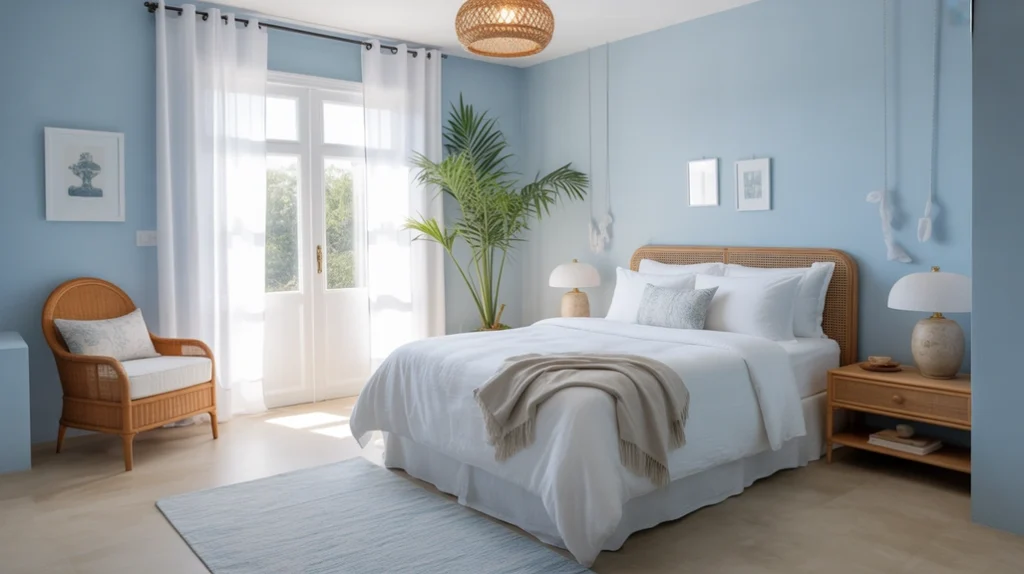 Minimal blue and white bedroom with sky-blue walls, white linen bedding, and airy natural light.