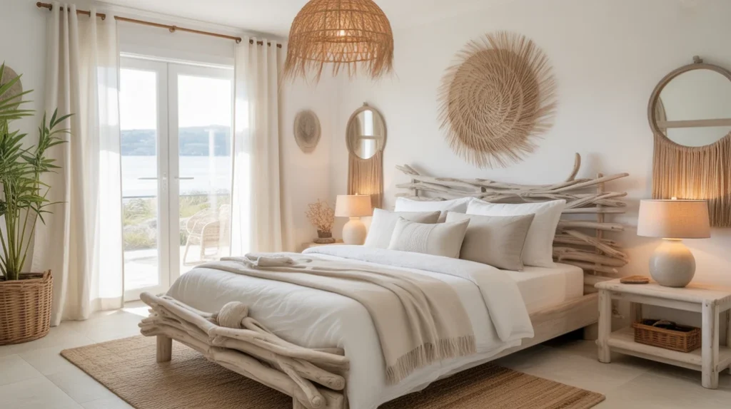 Light and breezy bedroom styled with natural textures and driftwood furniture, showcasing modern boho coastal bedroom ideas.