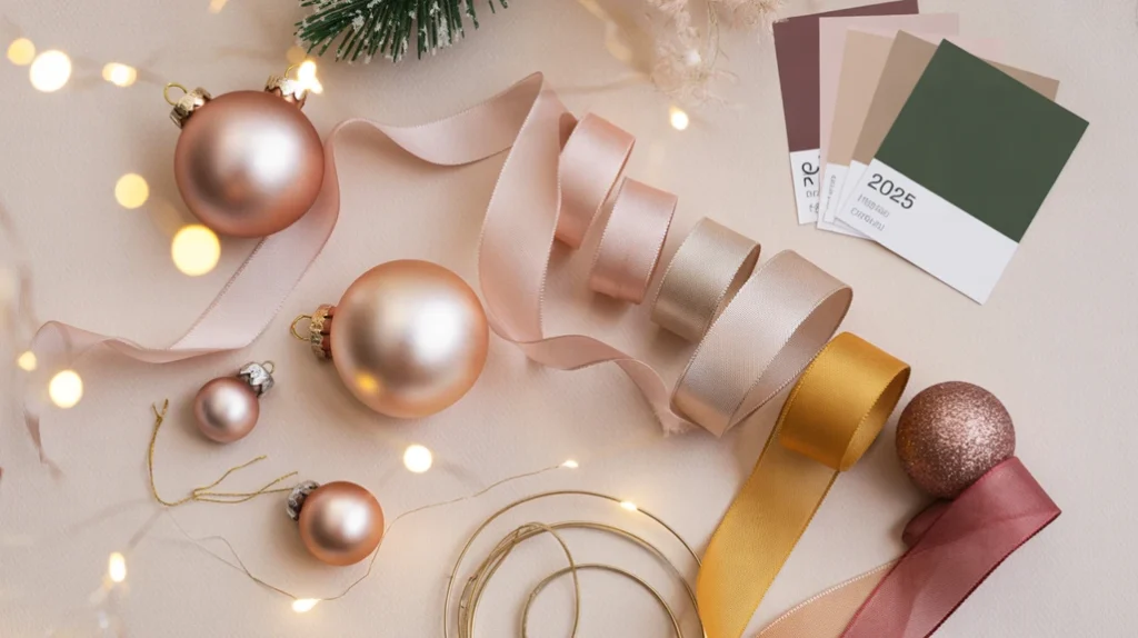 Flat lay of ornaments and ribbon samples showing trendy Christmas color palettes 2025 with blush, champagne, and emerald tones.