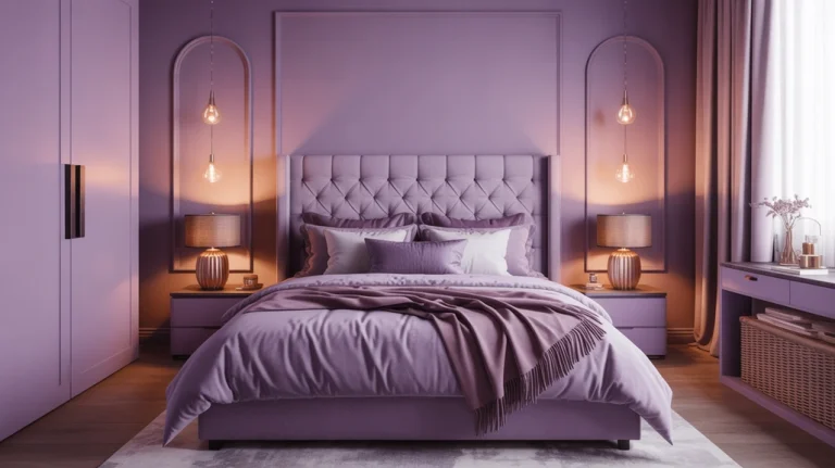 Elegant purple bedroom with lavender and plum tones, cozy bedding, and gold accents — perfect for purple bedroom ideas.