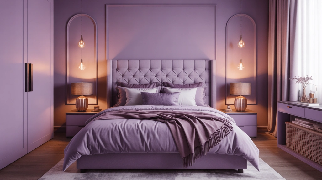 Elegant purple bedroom with lavender and plum tones, cozy bedding, and gold accents — perfect for purple bedroom ideas.