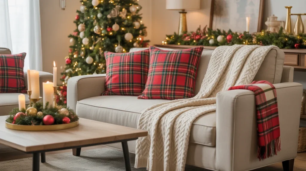 Classic-Red-and-Cream — Classic red and cream vintage Christmas decor with plaid pillows and gold accents