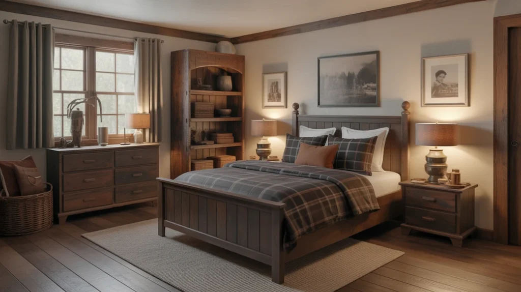 Cozy brown bedroom with layered bedding, soft fabrics, and neutral tones