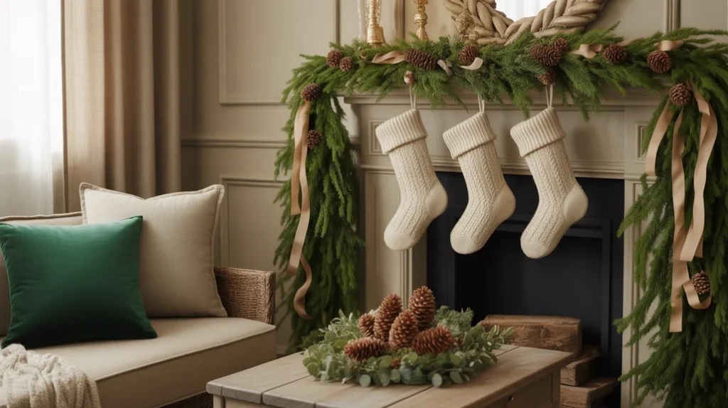 Navy blue and champagne gold Christmas decorations with velvet ribbons and metallic ornaments for an elegant moody holiday look.