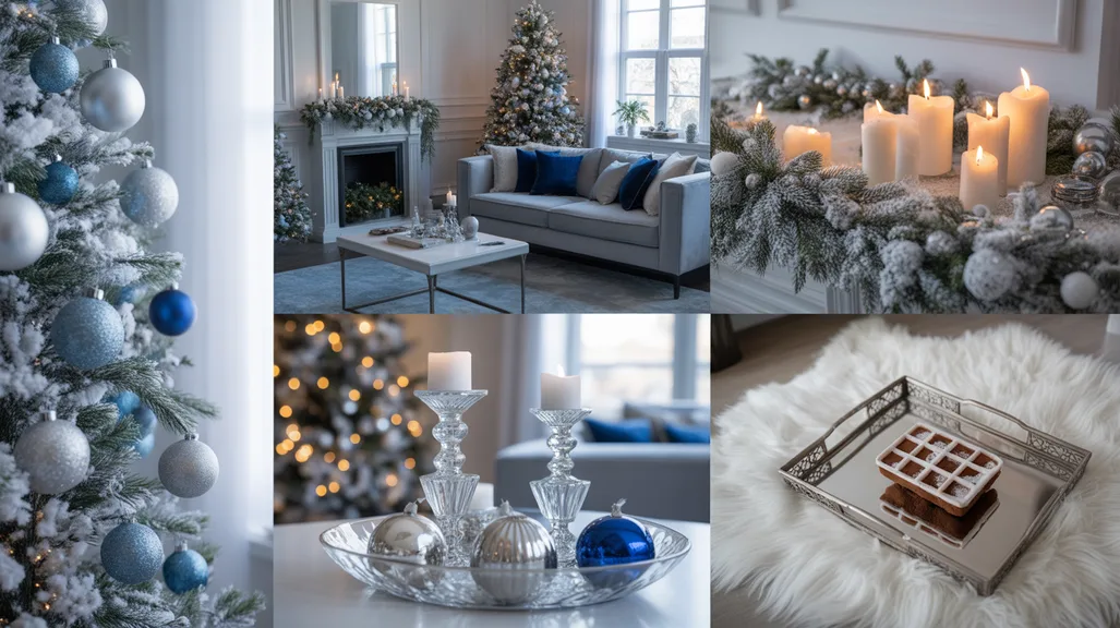 Collage of elegant silver and blue Christmas living rooms with frosted trees and cozy décor.