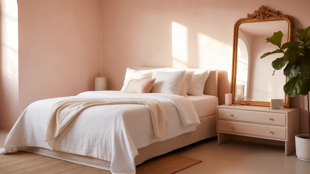 Soft blush pink bedroom ideas with white bedding and elegant warm lighting