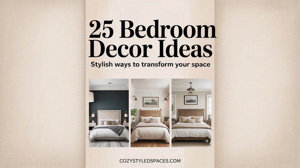 Collage of stylish bedroom decor ideas including neutral palettes, statement headboards, and cozy farmhouse designs.