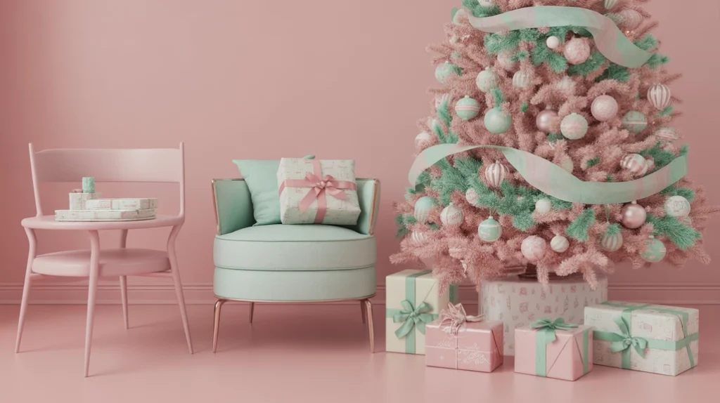 Mint-Green-and-Soft-Pink — Retro 1950s pastel Christmas colors, mint green and pink ornaments with candy-shop style