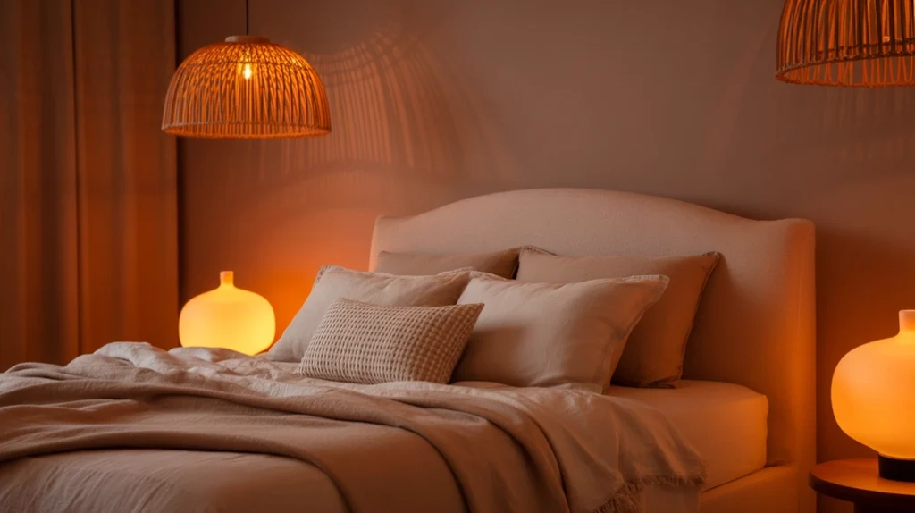 Cozy pink bedroom with warm LED lighting and rattan pendant lamp