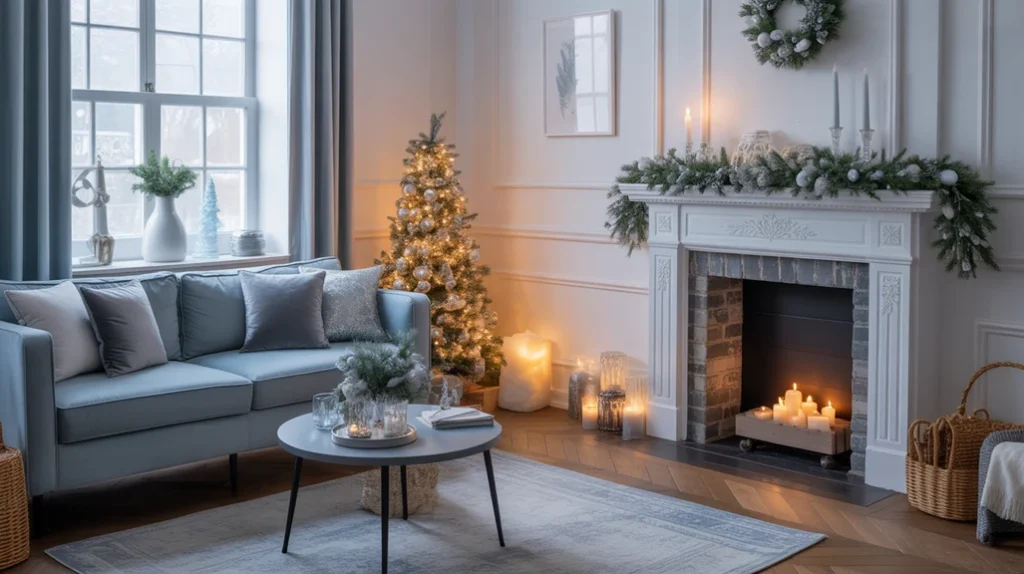 Elegant winter living room decorated in a blue and silver Christmas theme with candles and soft lighting.