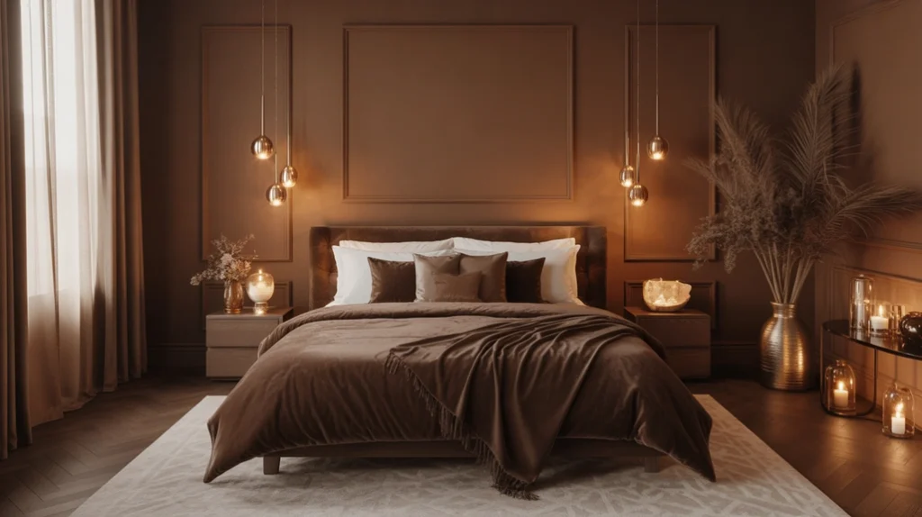 Modern brown bedroom for couples with walnut furniture and gold lighting