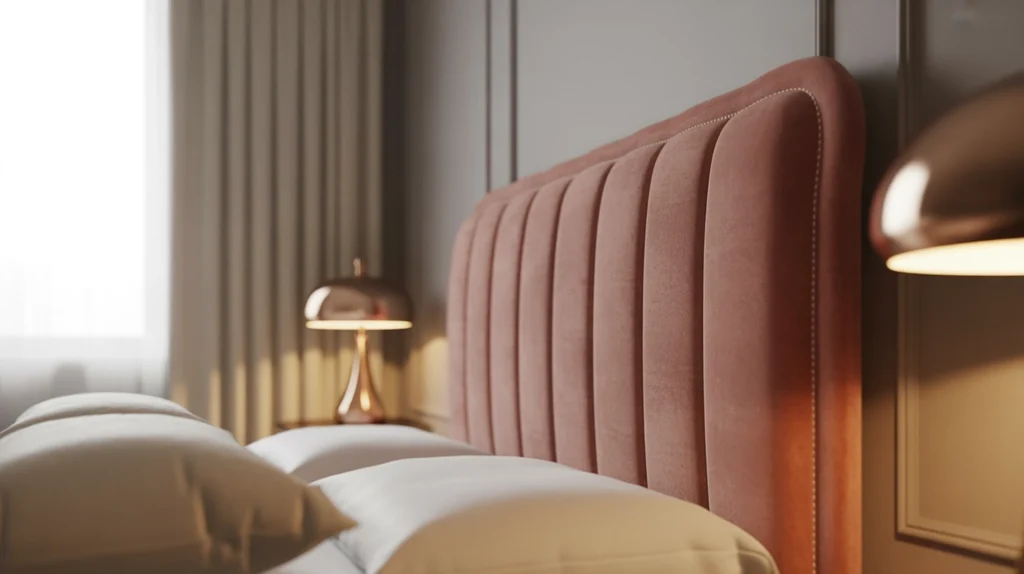 Modern pink and grey bedroom with velvet headboard and metallic lamp